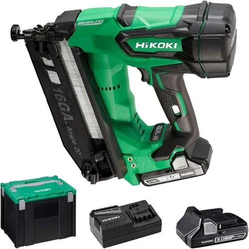 Hikoki NT1865DMBJXZ 18V Brushless Second Fix 16 Gauge Angled Brad Finishing Nail Gun (2x 3Ah Compact Batteries, Charger & HSC Case)